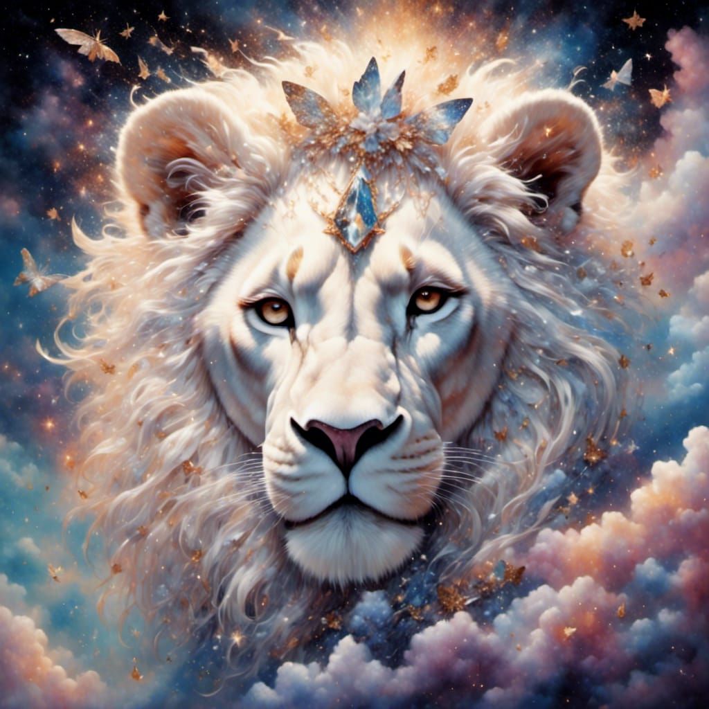 Glittering White Lion with Fairy Wings on Smoke