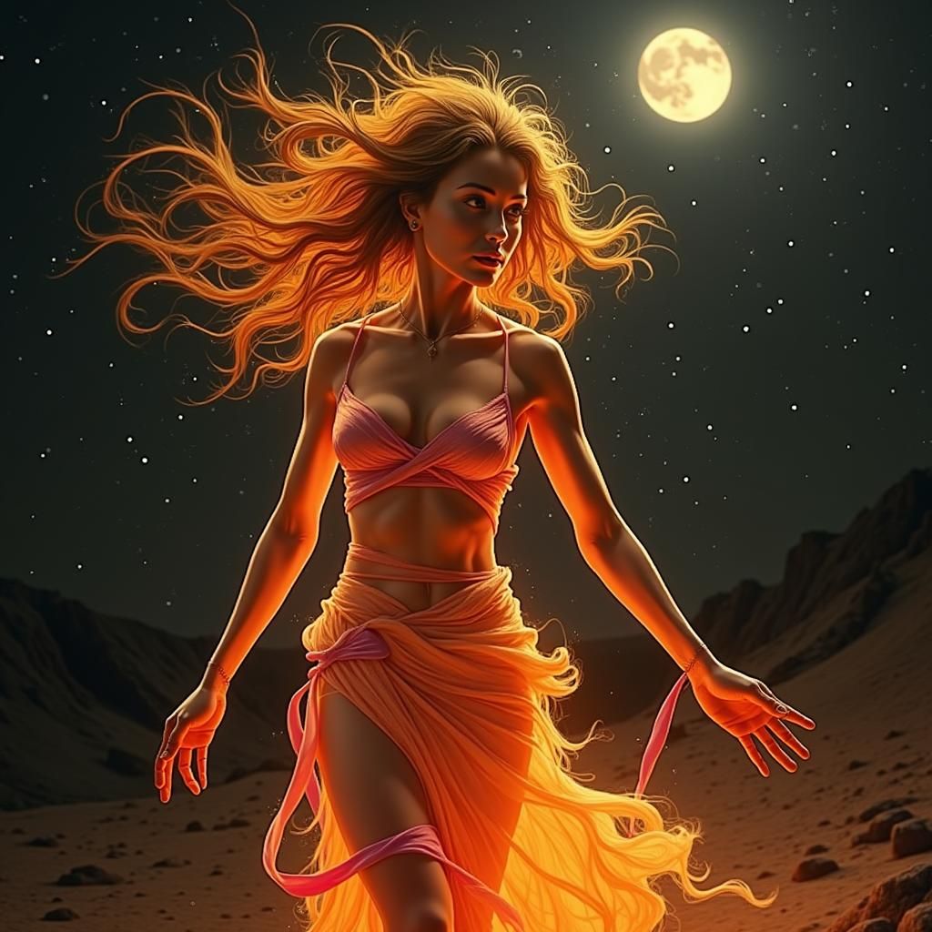 Violet Wanderer in Desert Galaxy Storm, Moebius Style