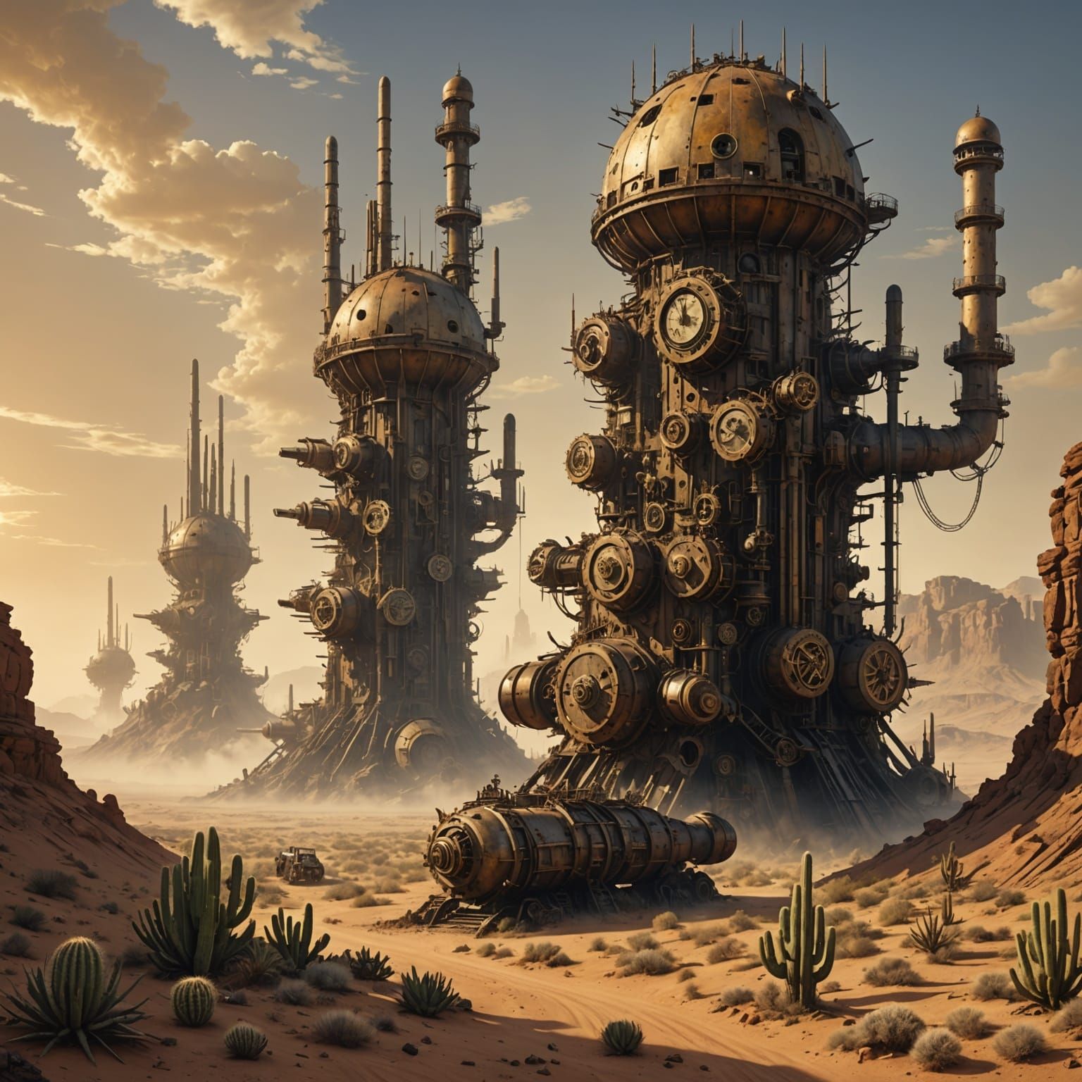 Steampunk Desert Landscape with Clockwork Cacti and Land-Shi...