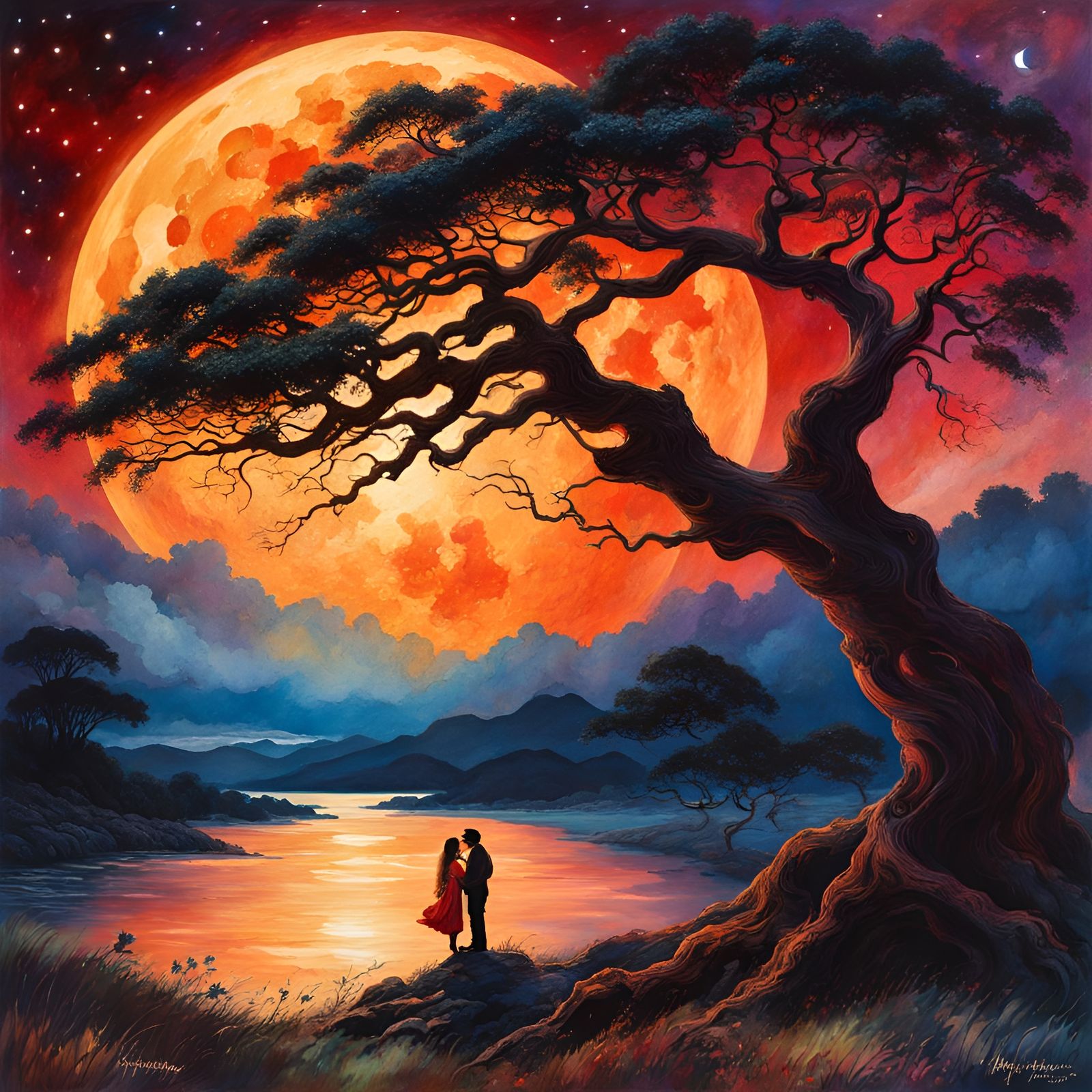 Romantic Kiss Under the Blood Moon in Watercolor