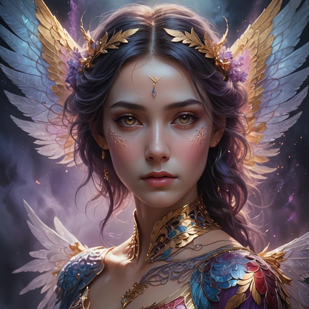 Ethereal Woman Portrait with Wings in Dreamlike Setting