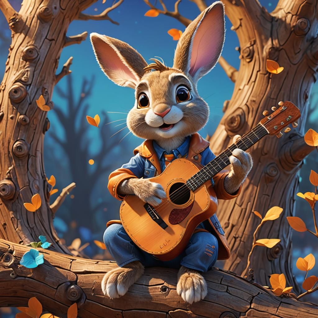 Rabbit Plays Guitar in Vibrant 3D Pixar Style