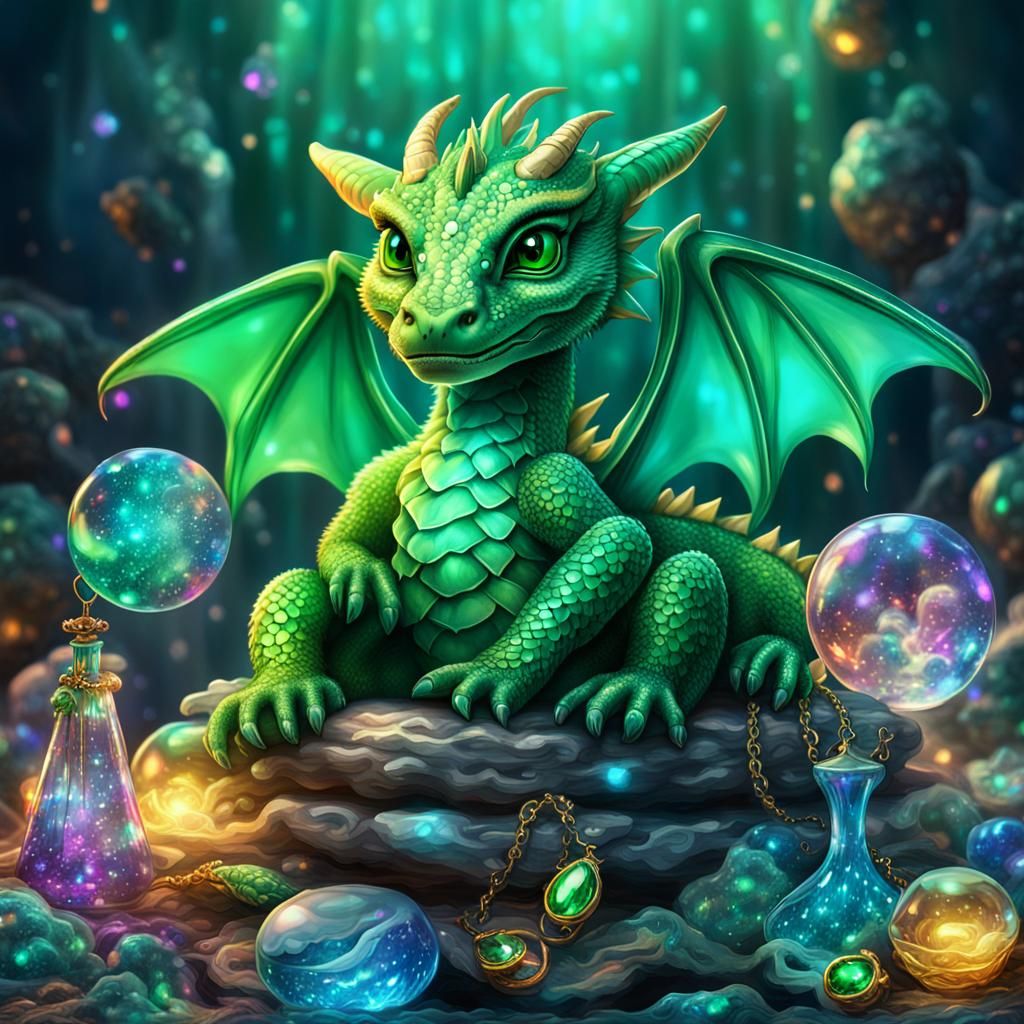 Green Dragon Cub on a Pile of Jewels