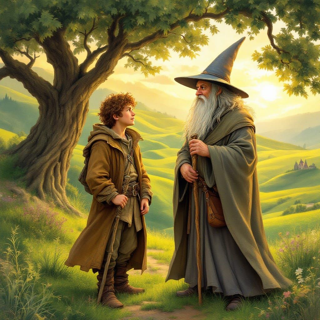 Frodo and Gandalf Stand Together in the Shire