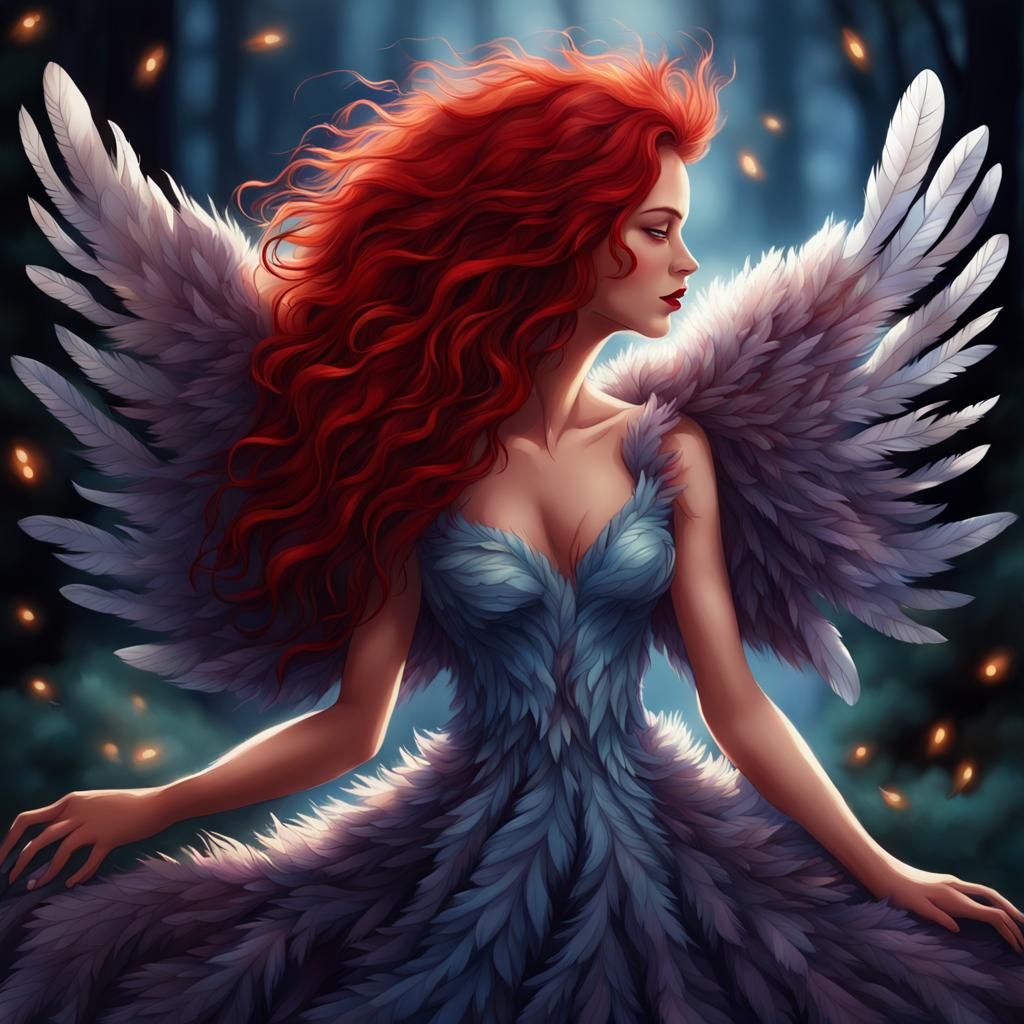 Woman in Firefly-Lit Feather Dress