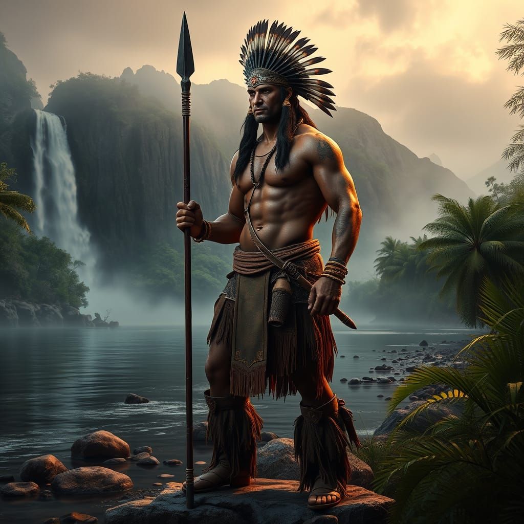 Hyperrealistic Apache Warrior in Jungle Landscape