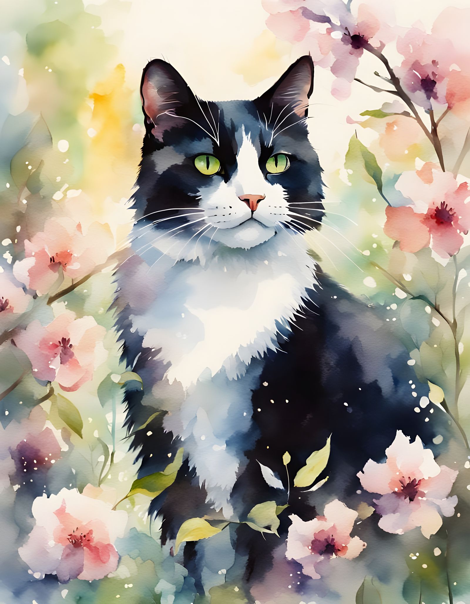 Whimsical Watercolor Portrait of a Tuxedo Cat in a Spring Ga...