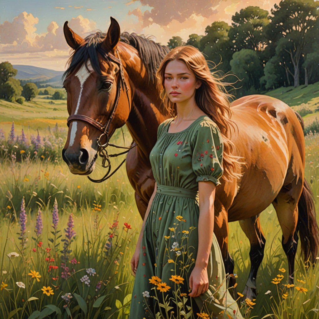 Girl in a Meadow with Majestic Horse in Impressionist Style