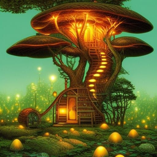 Luminescent Mushroom Treehouse in Comic Book Style