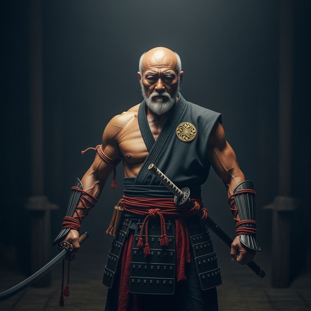 Muscular 70-Year-Old Japanese Warrior in Cinematic Film Stil...