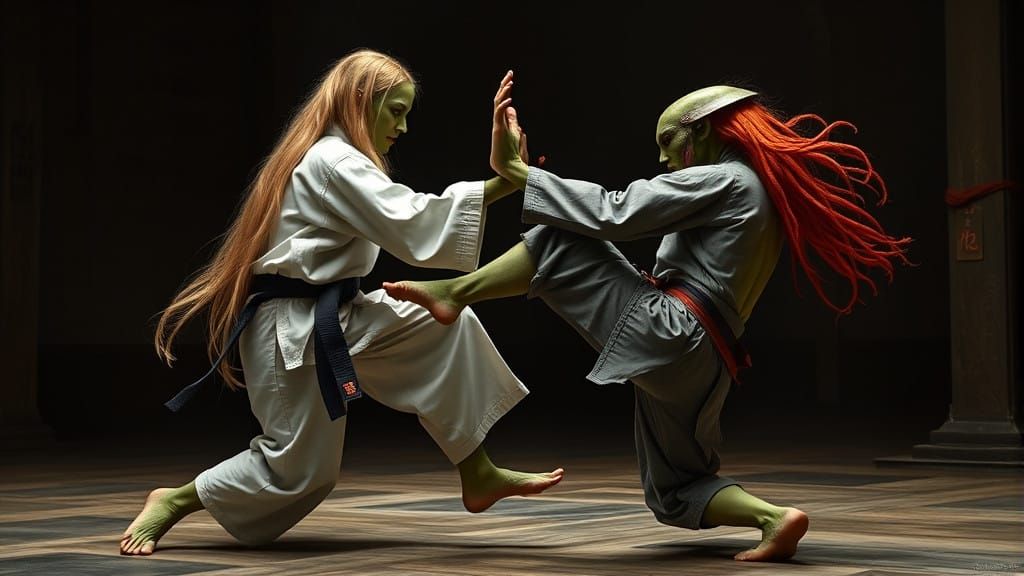 Barefoot Alien Female Judo Match in Rembrandt Style