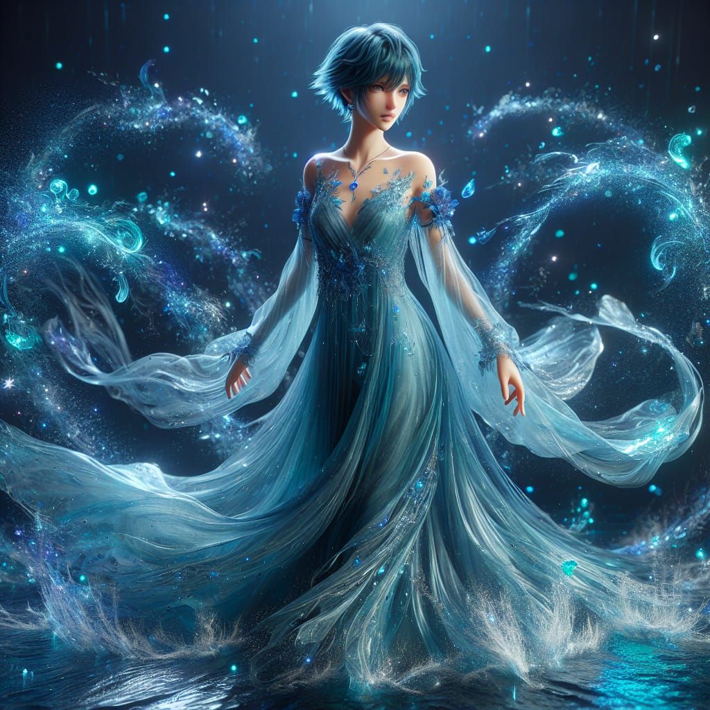 Aqua Goddess in Flowing Dress: Digital Matte Painting