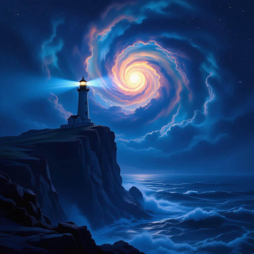 Cosmic Lighthouse on Obsidian Cliff in Nebula Glow