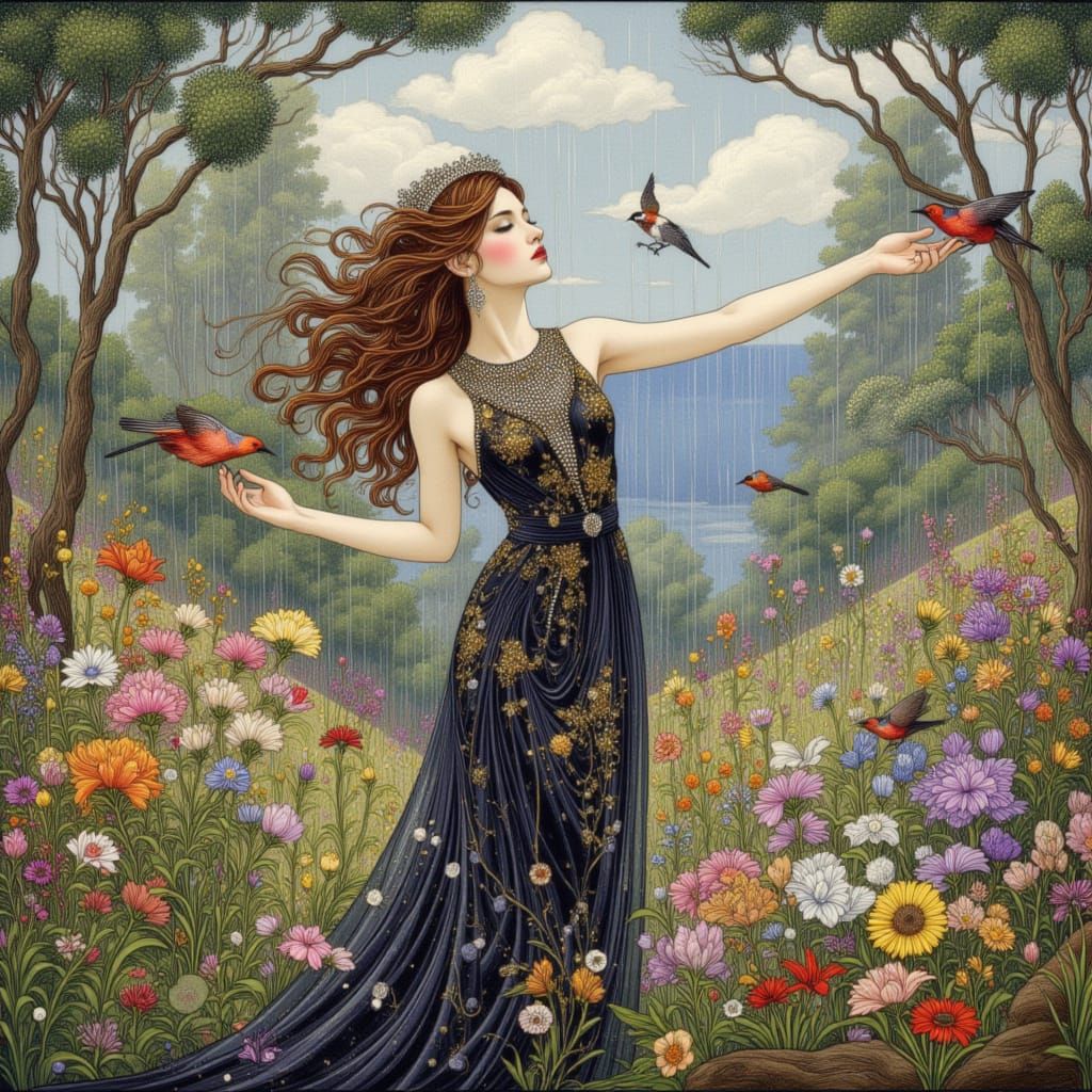 Young Woman in Dynamic Pose with Birds and Flowers
