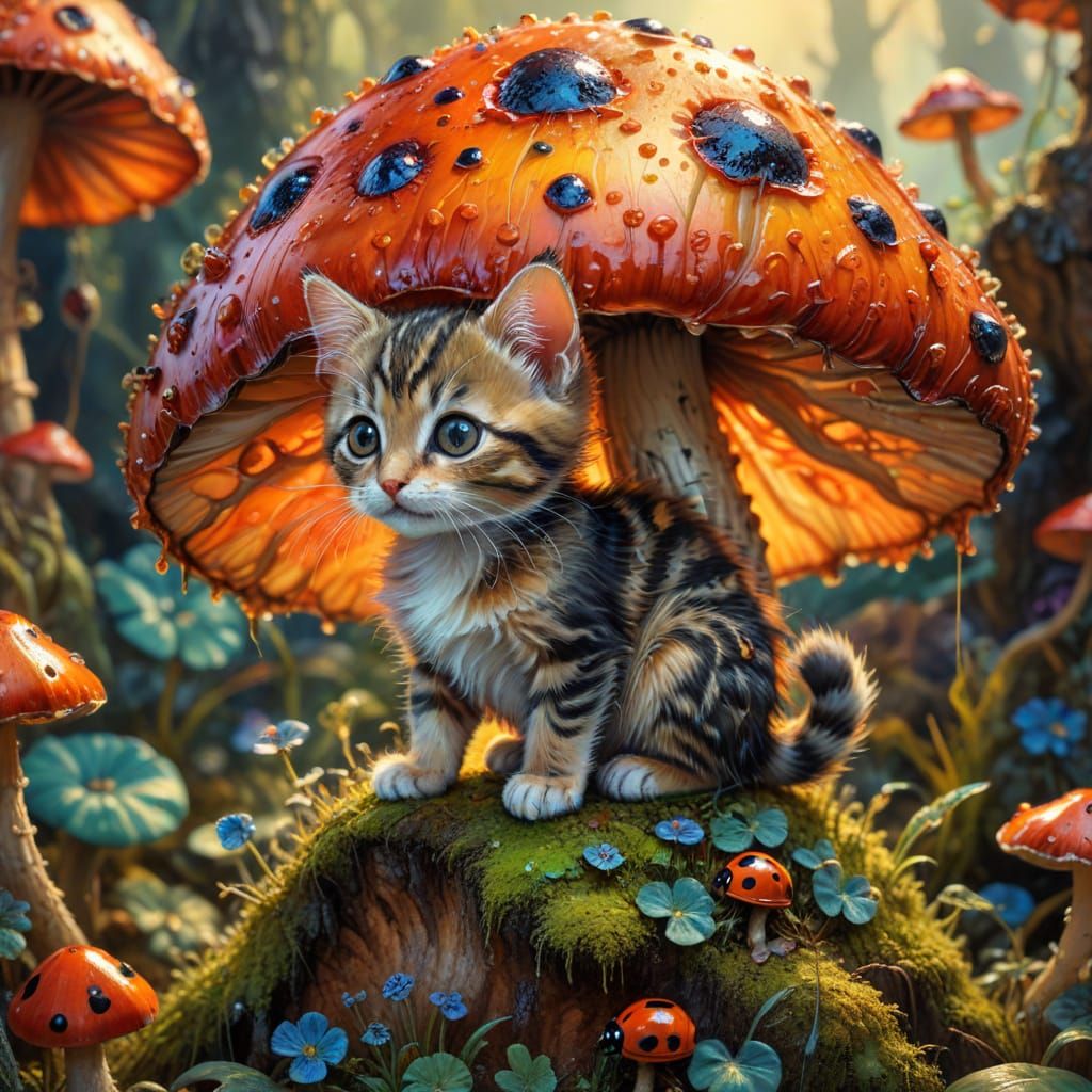 Whimsical Kitten on a Majestic Mushroom in Warm Sunset Light