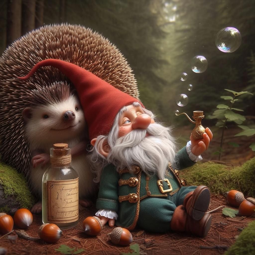 Gnome and Hedgehog in Mystical Forest Clearing