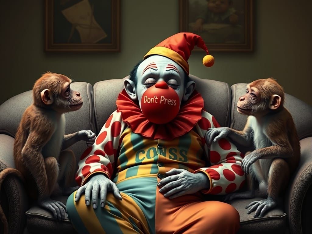 Three Monkeys Gaze at Sleeping Clown's Suspicious Nose
