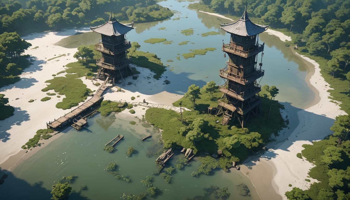 Single Air Tower on Swamp Beach in 3D Anime Art