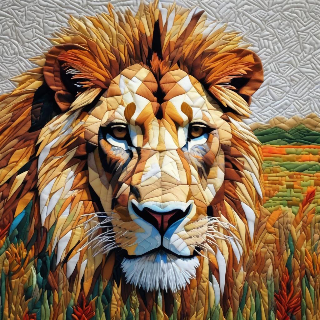 Quilted art of a portait of a patch work Safari lion hiiden in long grass, Majestic, most beautiful patch work, Visible...