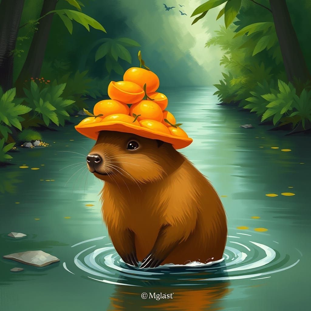 Capybara with Orange Hat in Whimsical Style