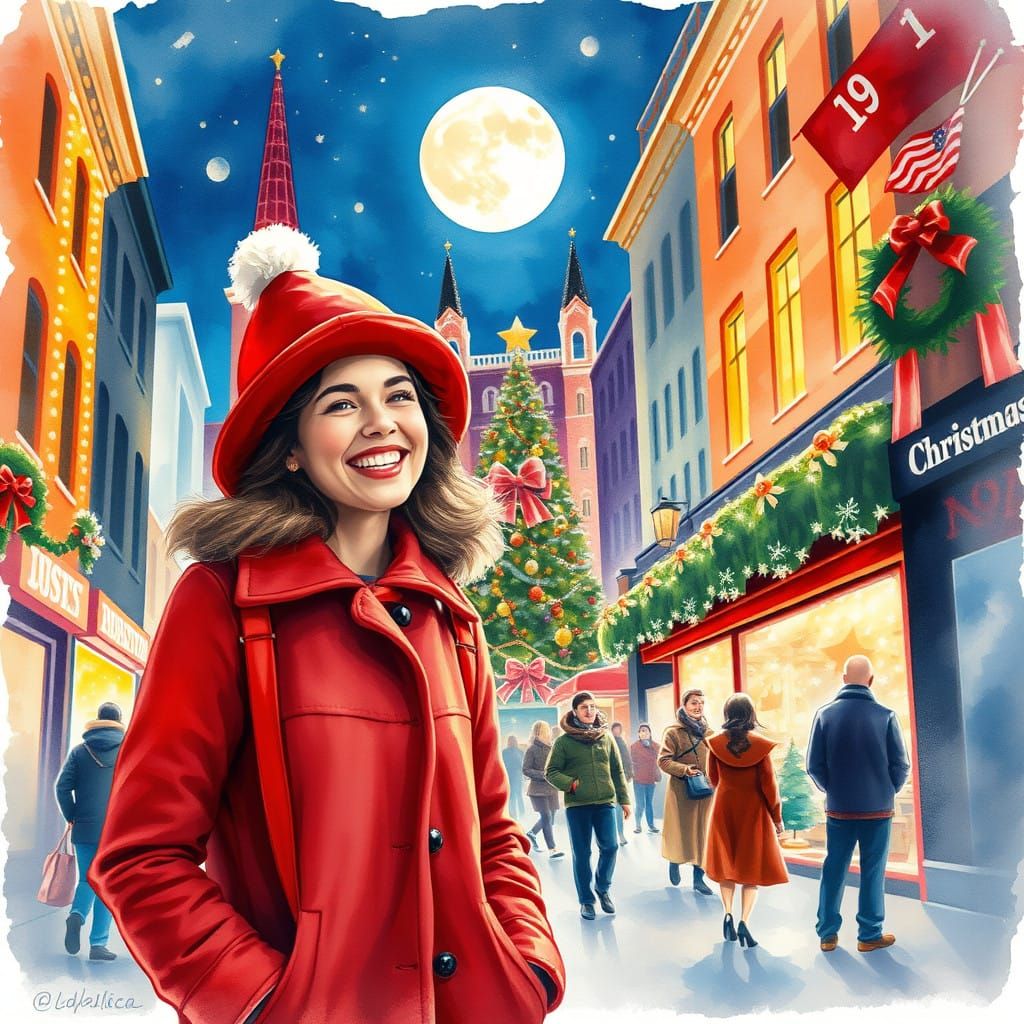 Joyful Woman in Whimsical Watercolor Christmas Scene