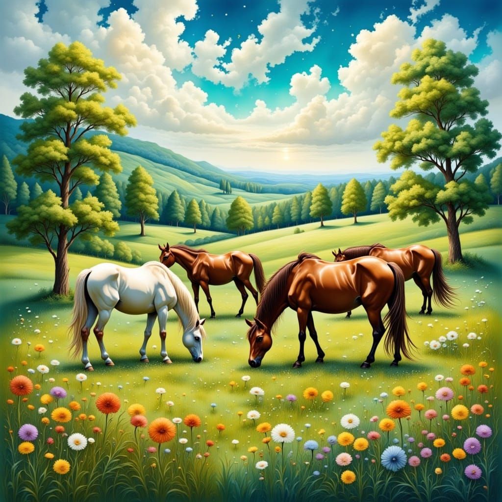 Horses Grazing in Meadow, Whimsical Impressionist Style