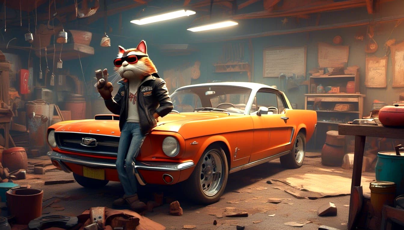 Cool Cat Mechanic Inspecting a Mustang, Detailed Digital Art