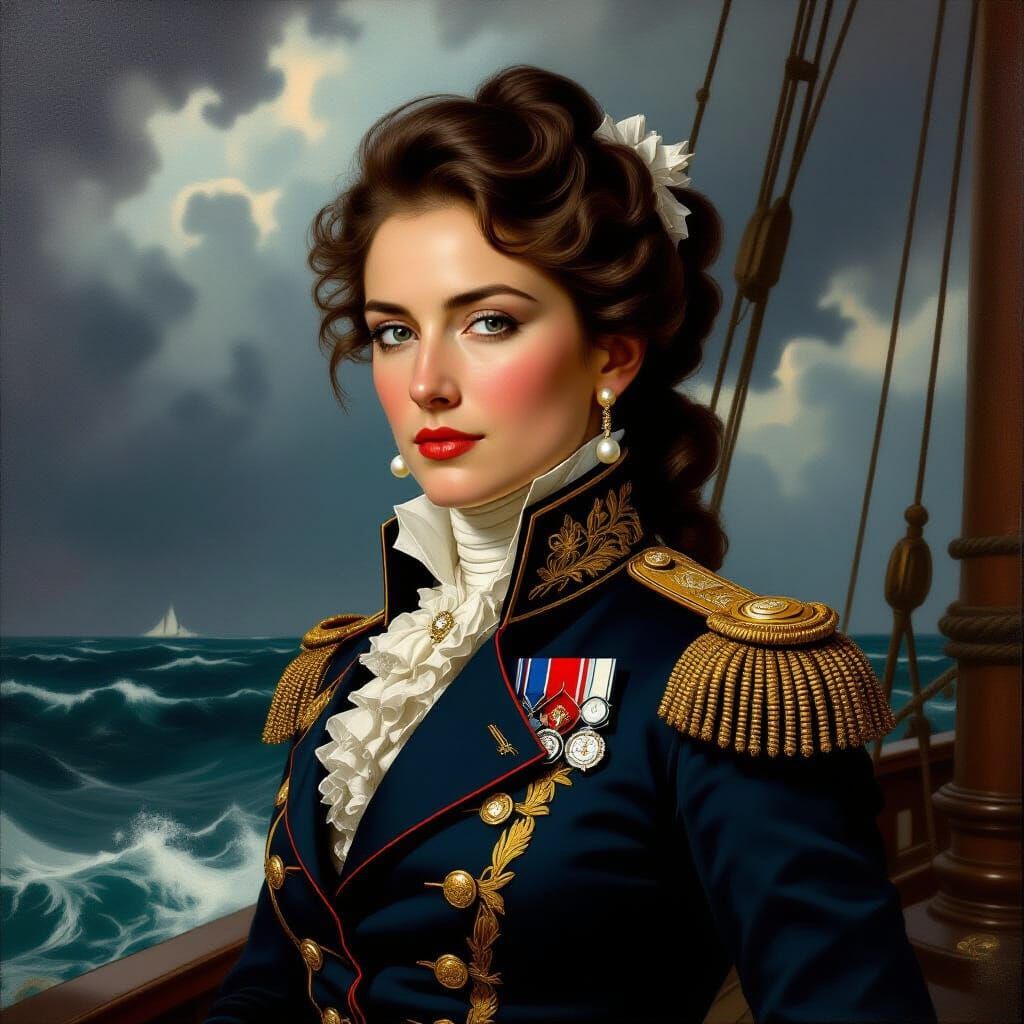 Regal Female Admiral on Flagship in Baroque Style
