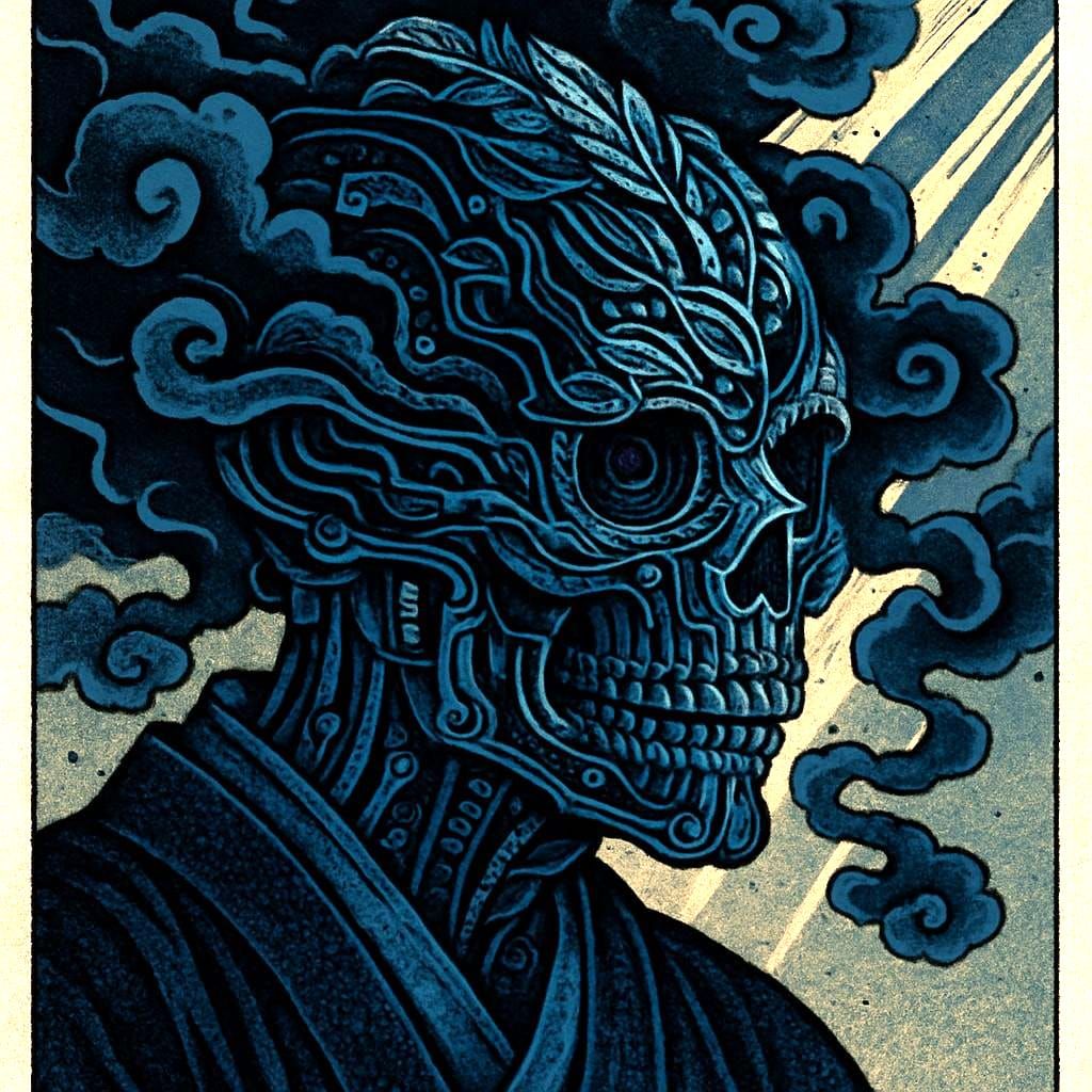 Mystical Biomechanical Face in Ukiyo-e Woodblock Print