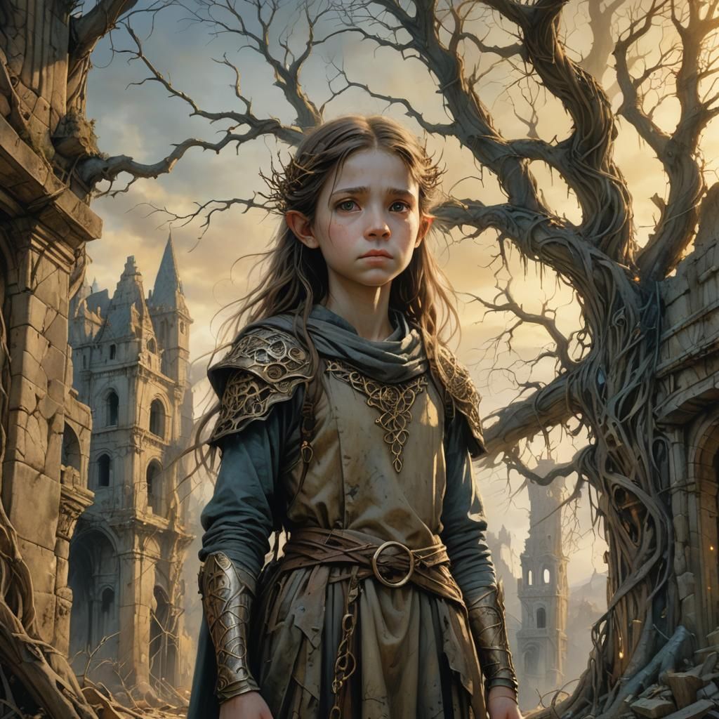 Mystical Girl in Abandoned Cityscape