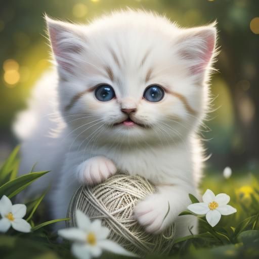 Fluffy Kitten's Joyful Playtime in Sunlit Garden