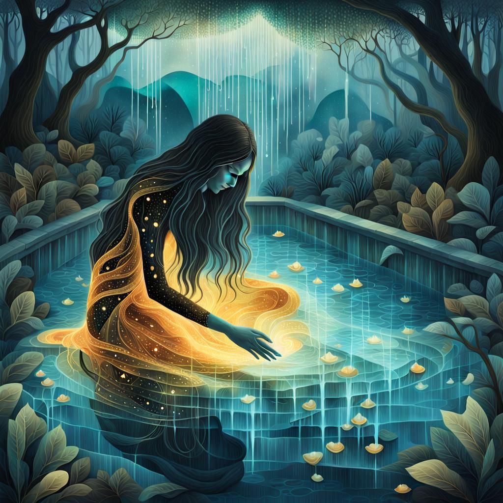 Glowing Bio Art Collage: Woman by Pool of Tears