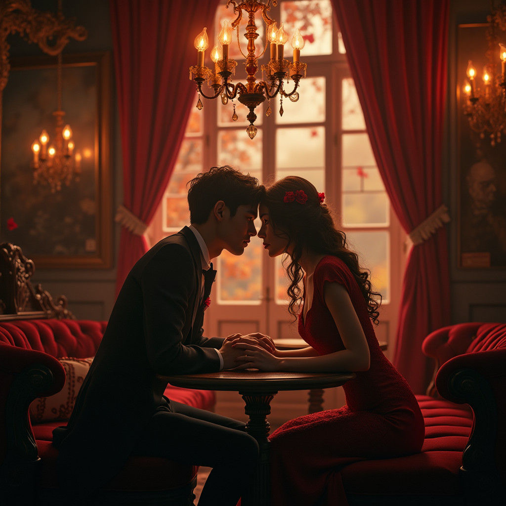 Romantic Victorian Cafe Scene with Lovers