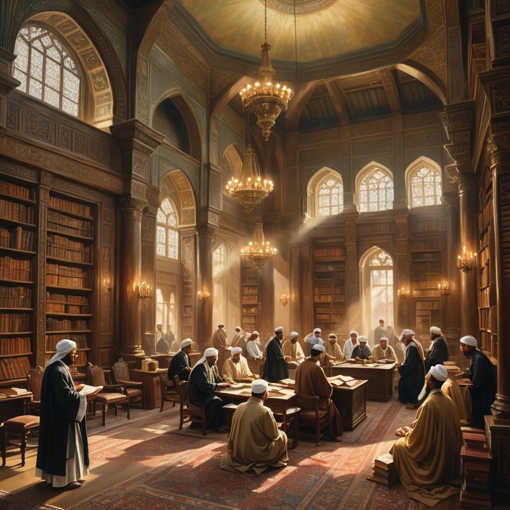 Scholars Debate in Ornate Library as Oil Painting