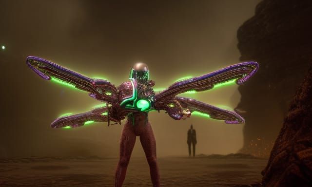 Cyberpunk Winged Soldier in Neon Cityscape