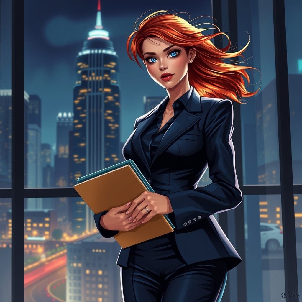 Secretary with Superhero Emblem in Neon Cityscape
