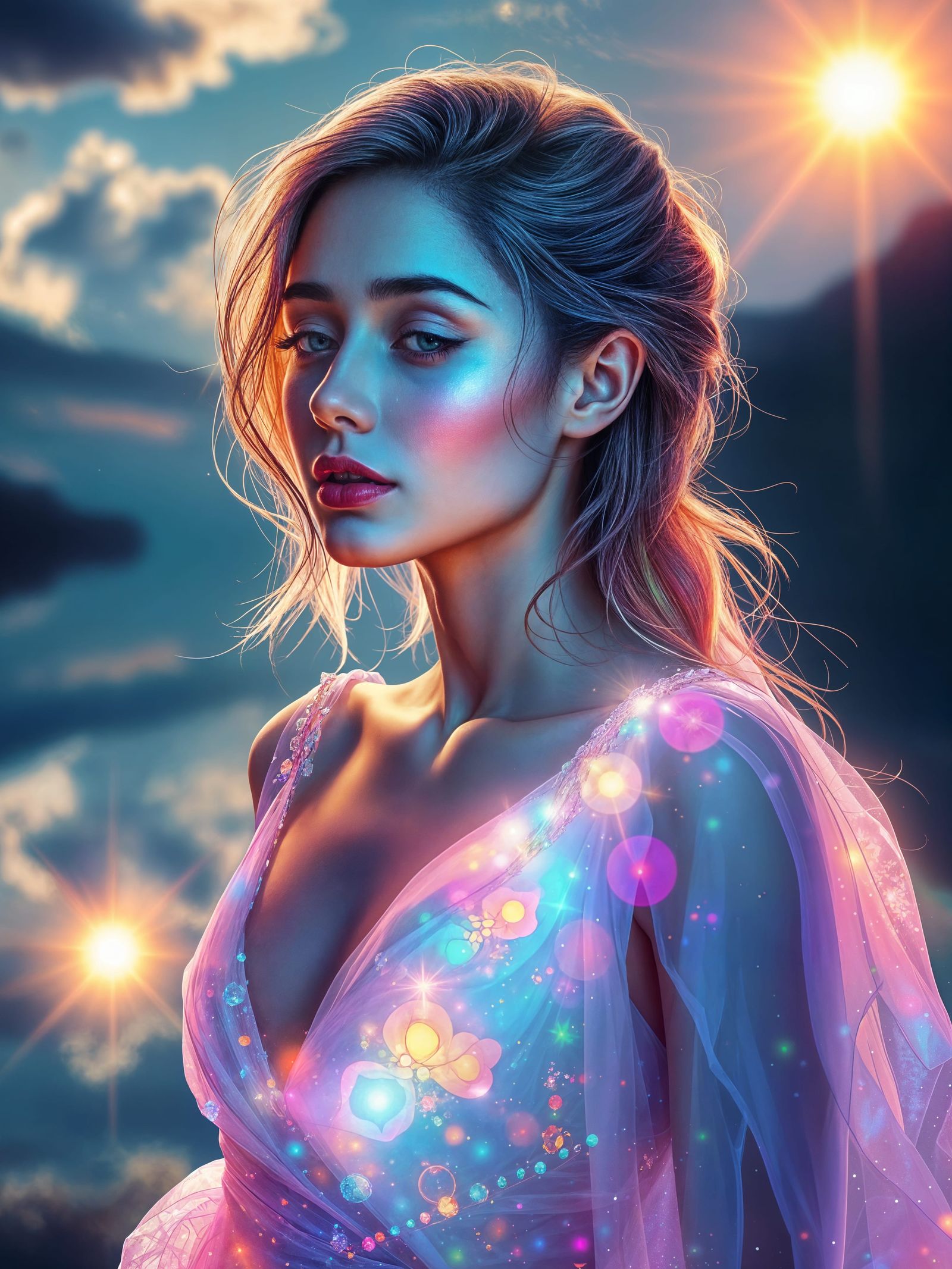 Surreal Woman Shines with Radiant Light, Surrounded by Celes...