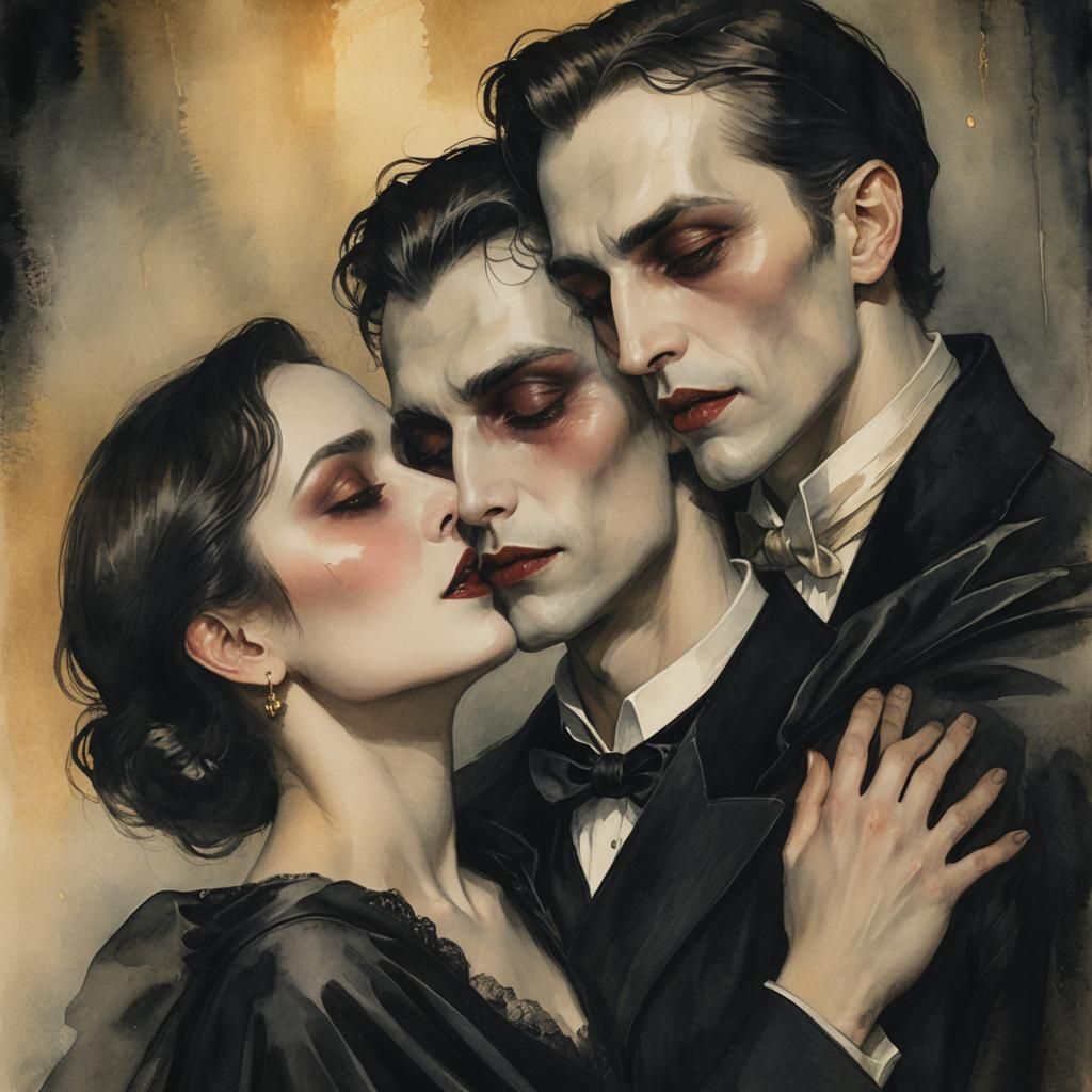 Gothic Vampire Kiss in Eerie Watercolor Style
