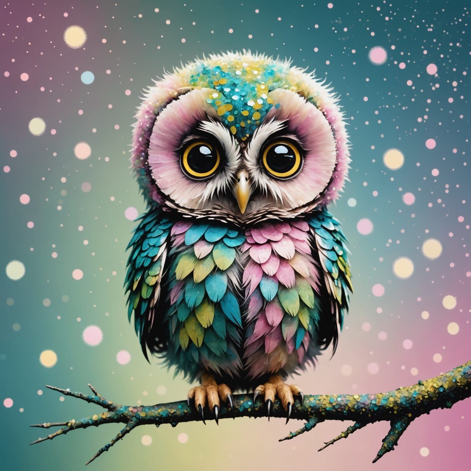 Fuzzy Baby Owl in Ink Blot Style