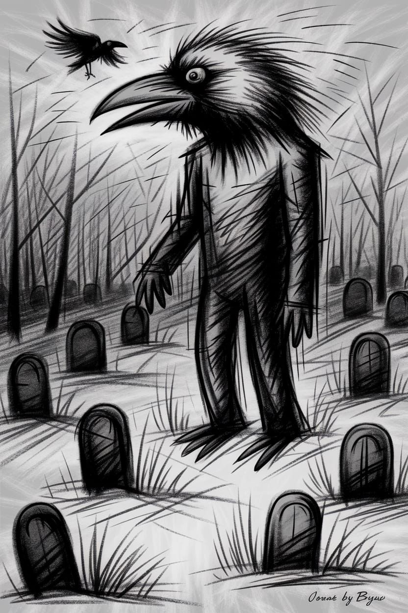 Abstract Charcoal Drawing: Raven, Wanderer, and Graveyard in...