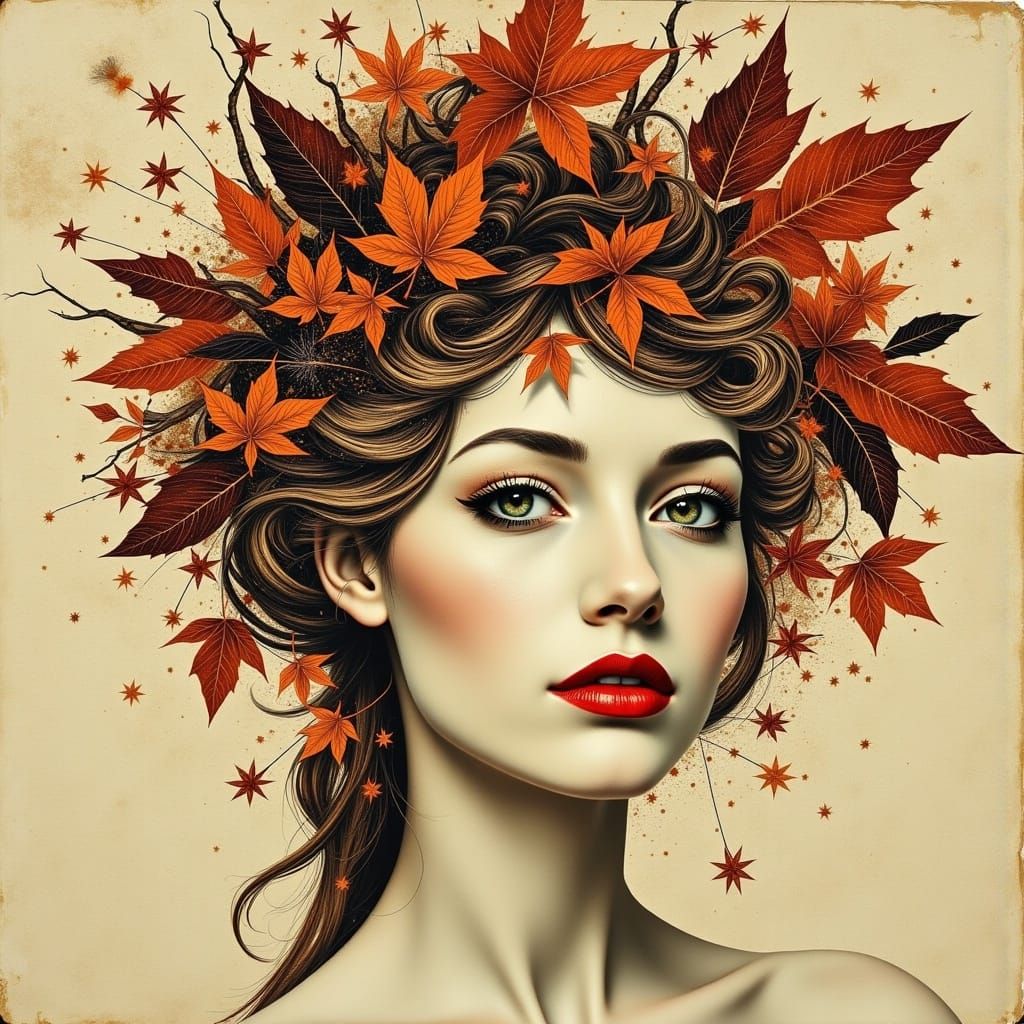Elegant Woman with Autumnal Foliage Collage