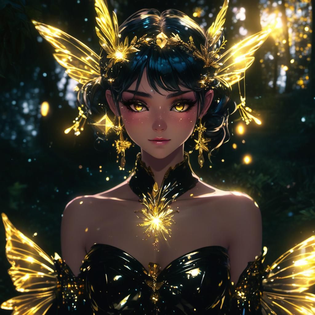 Nighttime Fairy Portrait with Gold Light Orbs