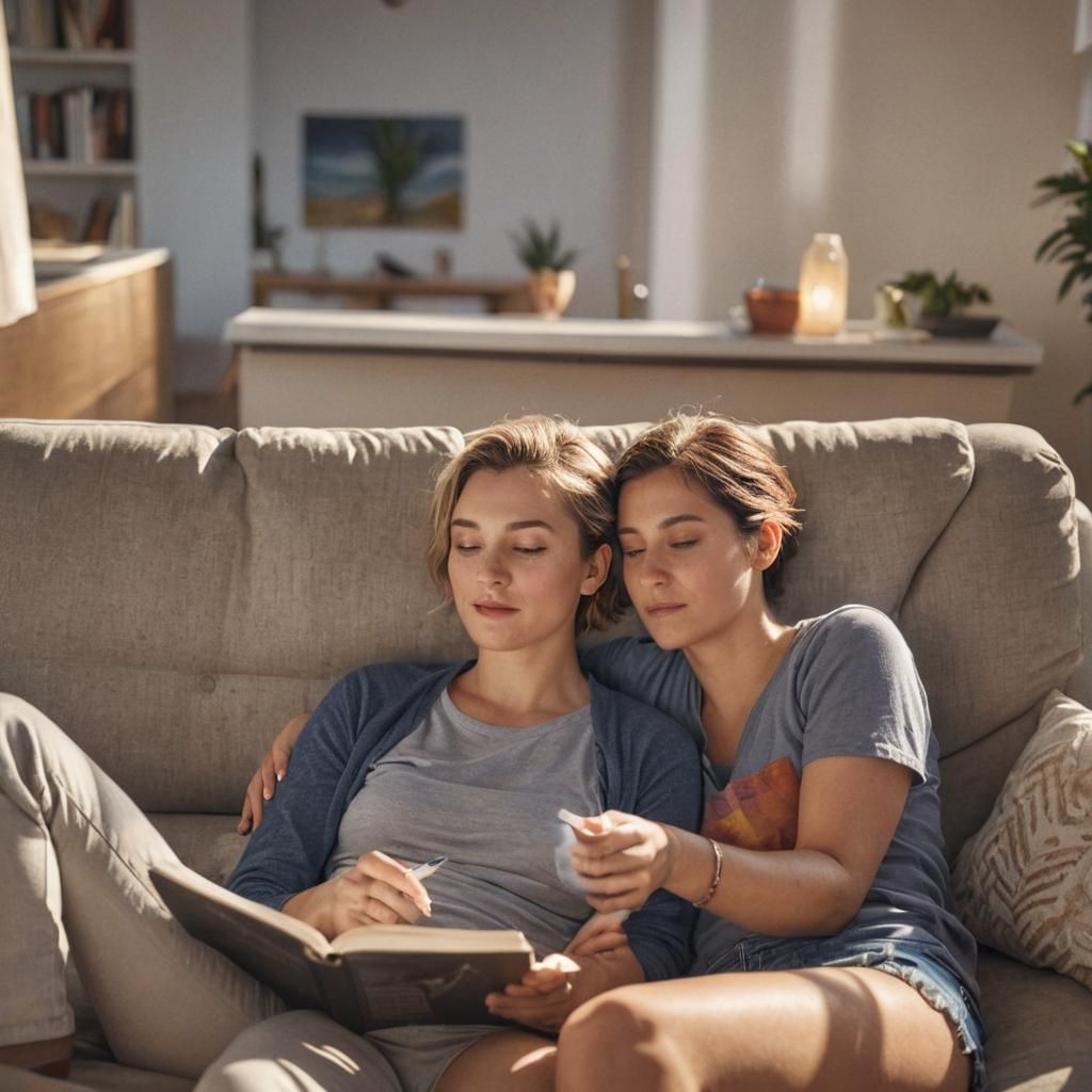 Lesbian Couple Reading in Modern Living Room