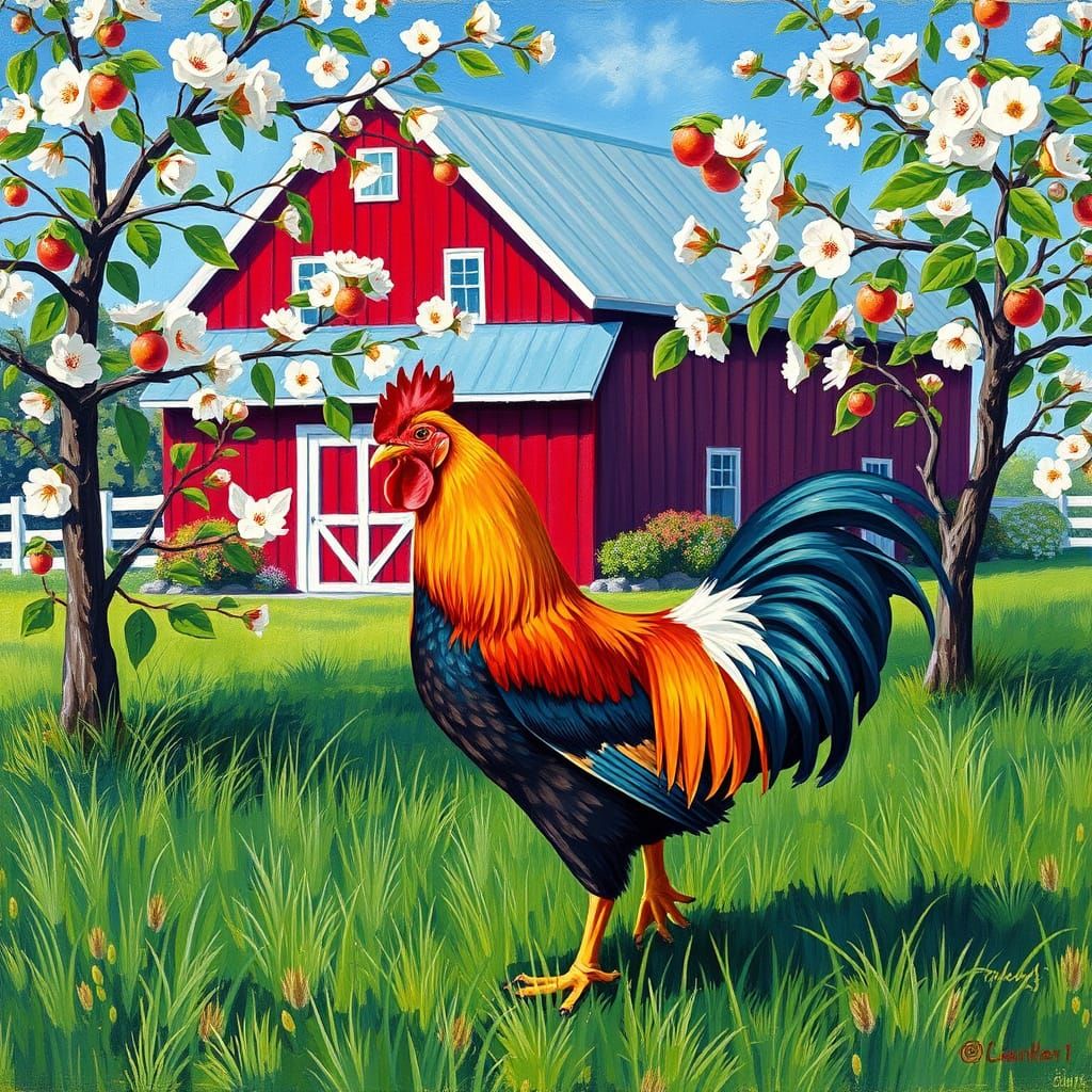 Rooster and Barn in Impressionist Style
