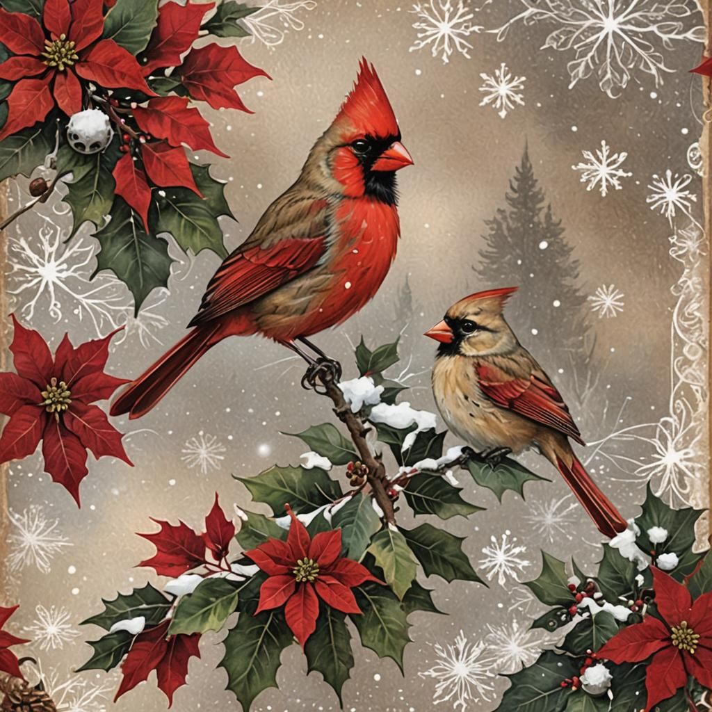 Cardinal on Poinsettia: Antique Christmas Postcard