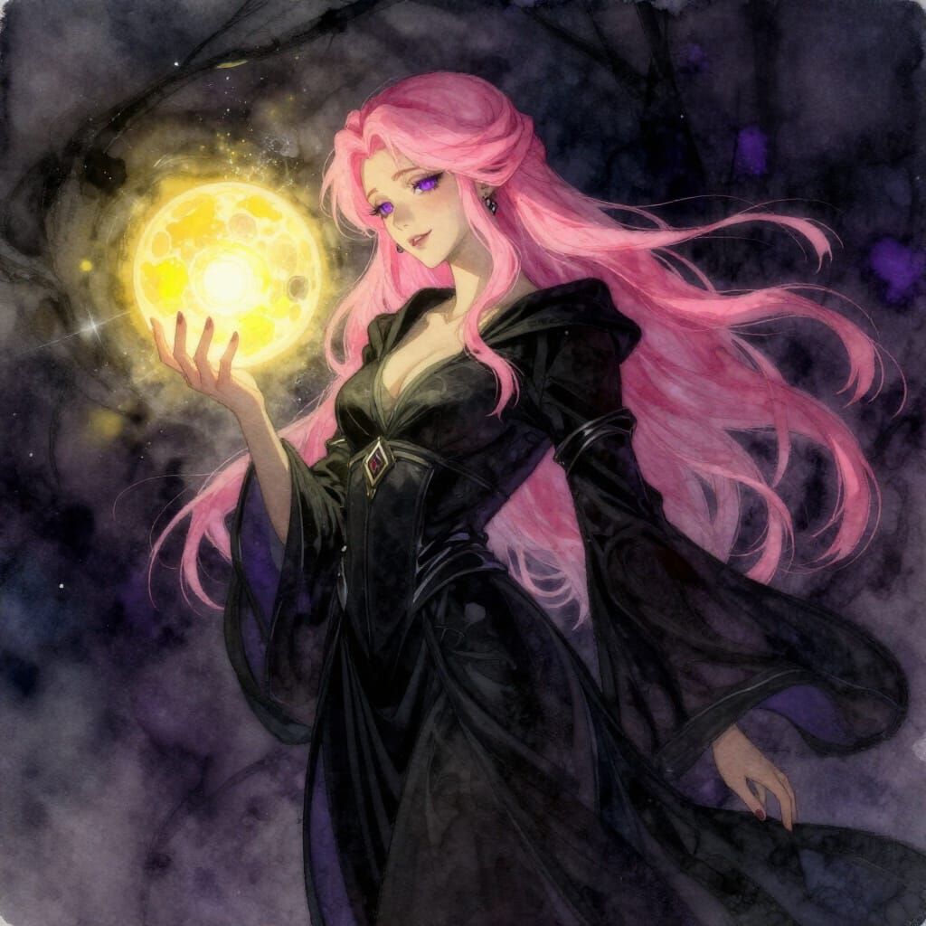 Pink Haired Oracle Holds Glowing Orb in Shadows