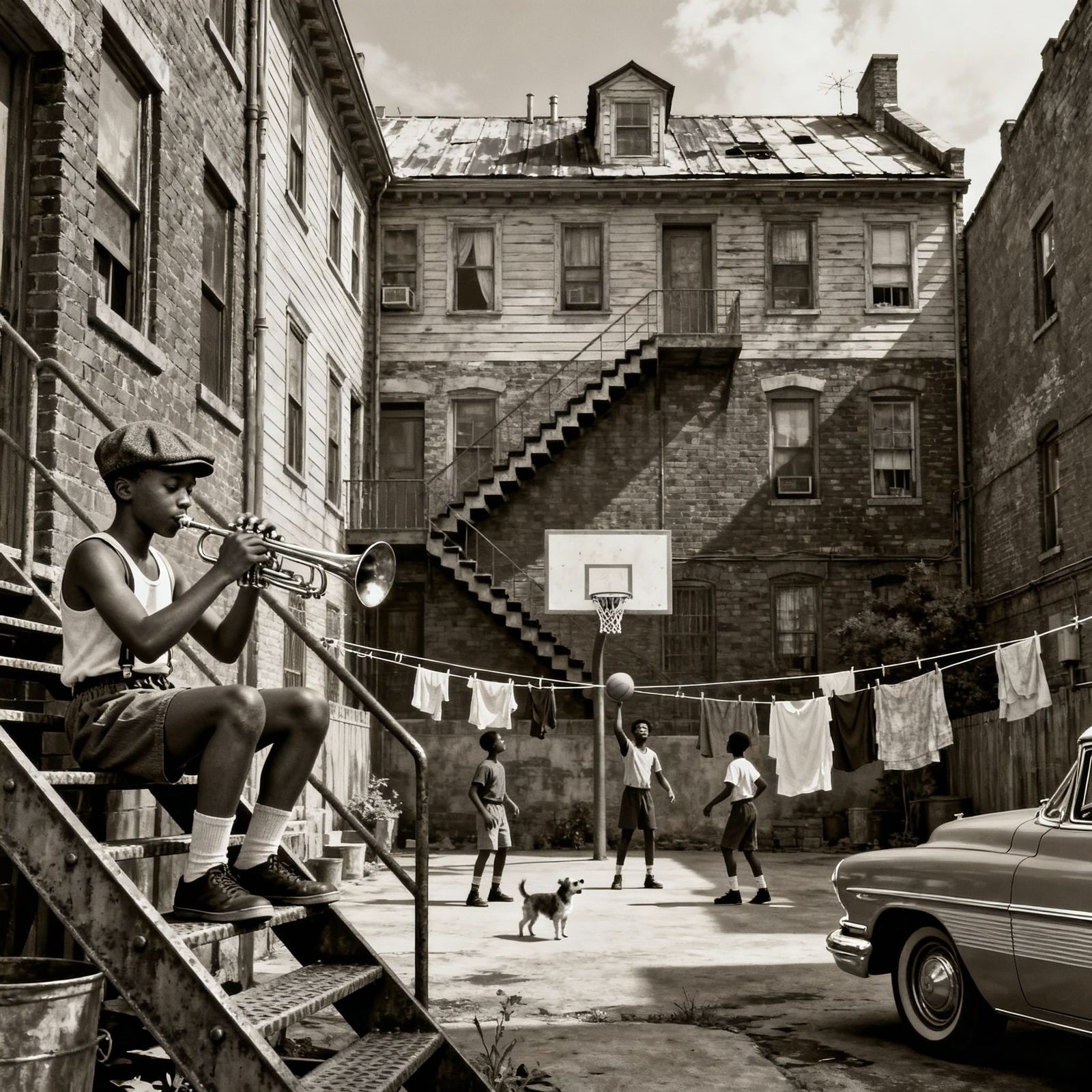 1940s Urban Scene With Muted Trumpet Player
