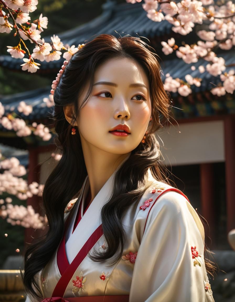 Korean Woman Meditating in Temple Garden: Oil Painting