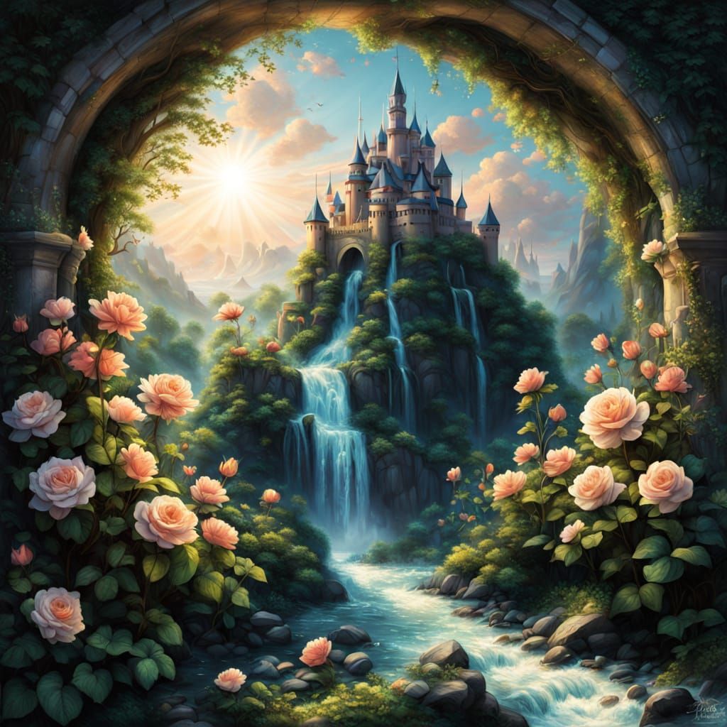 Whimsical Castle Landscape in Vibrant Watercolor