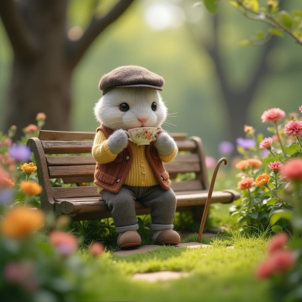 Elderly Gentleman Sips Tea in a Whimsical Garden